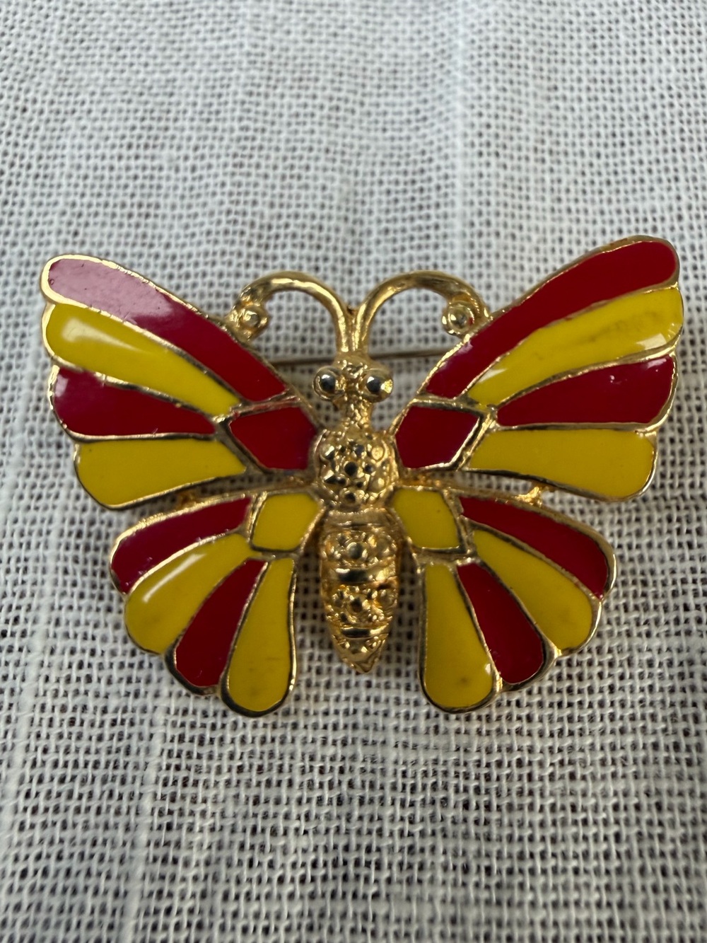 Vintage Red Yellow Enamel Butterfly Brooch Gold Tone Striped Wings Pin